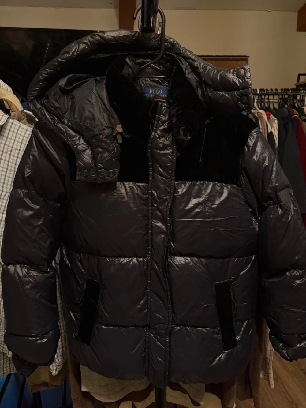 Water-Repellent Velvet-Trim Down Jacket